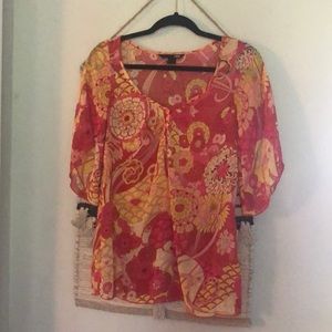 H&M red yellow orange floral sheer blouse size 4